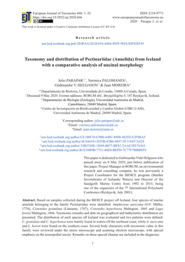 Taxonomy and Distribution of Pectinariidae (Annelida) from Iceland with a Comparative Analysis of Uncinal Morphology