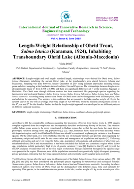 Length-Weight Relationship of Ohrid Trout, Salmo Letnica (Karaman, 1924), Inhabiting Transboundary Ohrid Lake (Albania-Macedonia)