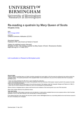 Re‐Reading a Quatrain by Mary Queen of Scots