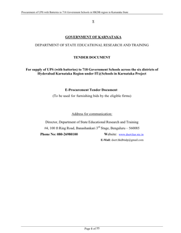 V GOVERNMENT of KARNATAKA DEPARTMENT of STATE EDUCATIONAL RESEARCH and TRAINING TENDER DOCUMENT for Supply of UPS (With Batterie