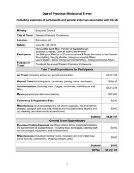 Out of Province Ministerial Travel