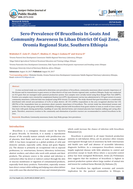 Sero-Prevalence of Brucellosis in Goats and Community Awareness in Liban District of Guji Zone, Oromia Regional State, Southern Ethiopia