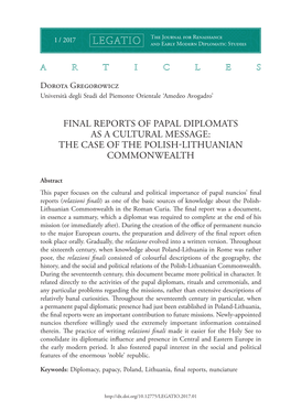 Final Reports of Papal Diplomats As a Cultural Message: the Case of the Polish-Lithuanian Commonwealth