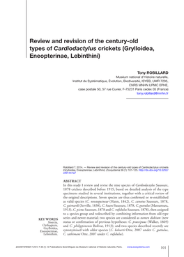 Review and Revision of the Century-Old Types of Cardiodactylus Crickets (Grylloidea, Eneopterinae, Lebinthini)