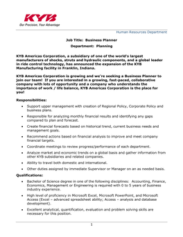 Human Resources Department 1 Job Title: Business Planner Department: Planning KYB Americas Corporation, a Subsidiary of One Of