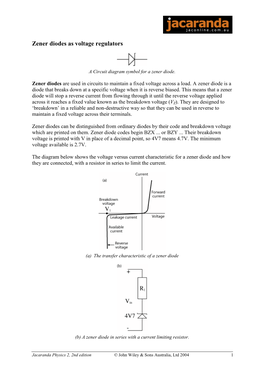 Zener Diodes As Voltage Regulators