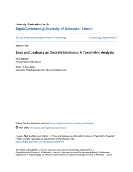 Envy and Jealousy As Discrete Emotions: a Taxometric Analysis