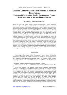 Caecilia, Calpurnia, and Their Dreams of Political Importance. Patterns of Constructing Gender Relations and Female Scope for Action in Ancient Roman Sources