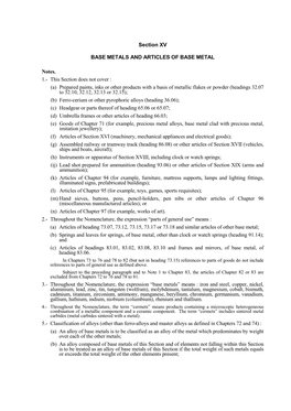 Section XV BASE METALS and ARTICLES of BASE METAL Notes