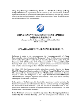 China Innovation Investment Limited Update About False