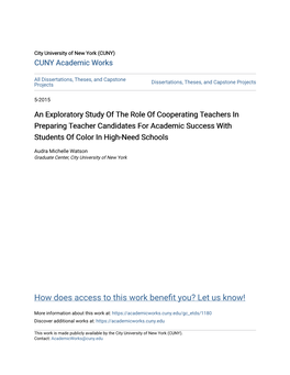 An Exploratory Study of the Role of Cooperating Teachers in Preparing Teacher Candidates for Academic Success with Students of Color in High-Need Schools