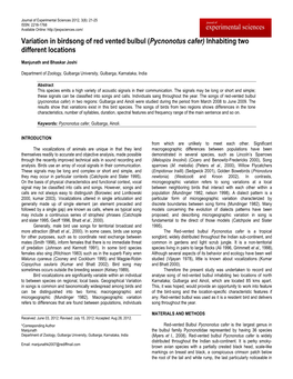 Variation in Birdsong of Red Vented Bulbul ( Pycnonotus Cafer) Inhabiting Two Different Locations