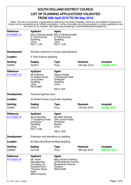 SOUTH HOLLAND DISTRICT COUNCIL LIST of PLANNING APPLICATIONS VALIDATED from 29Th April 2019 to 5Th May 2019