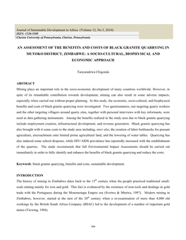 An Assessment of the Benefits and Costs of Black Granite Quarrying in Mutoko District, Zimbabwe: a Socio-Cultural, Biophysical and Economic Approach