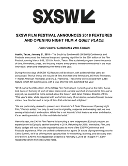 Sxsw Film Festival Announces 2018 Features and Opening Night Film a Quiet Place