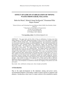 EFFECT of LIME on STABILIZATION of MINING WASTE from SABAH, MALAYSIA Baba Bin Musta , Khairul Anuar Bin Kassim , Prasannan Pilla
