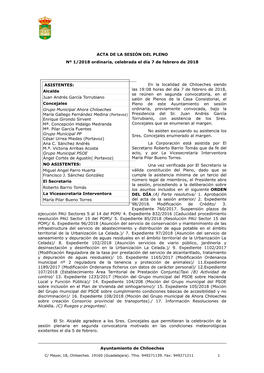 ACTA DE LA SESIÓN DEL PLENO Nº 1/2018 Ordinaria, Celebrada El Día 7 De Febrero De 2018