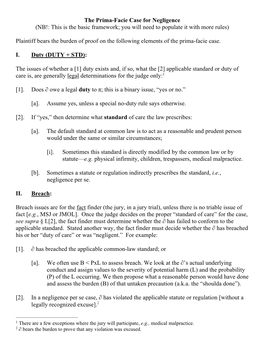 The Prima-Facie Case for Negligence (NB!: This Is the Basic Framework; You Will Need to Populate It with More Rules)