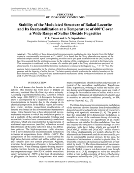 Stability of the Modulated Structure of Baœkal Lazurite and Its Recrystallization at a Temperature of 600°C Over a Wide Range of Sulfur Dioxide Fugacities V