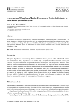 Zootaxa, a New Species of Megadineura Malaise (Hymenoptera: Tenthredinidae) and a Key to the Known Species of the Genus