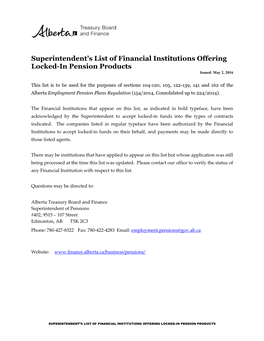 List of Financial Institutions Offering Locked-In Pension Products Issued: May 2, 2016