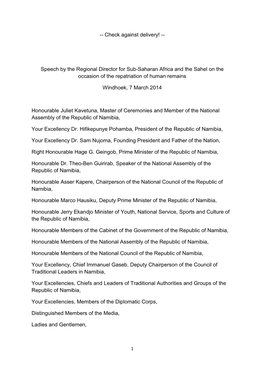 Speech by the Regional Director for Sub-Saharan Africa and the Sahel on the Occasion of the Repatriation of Human Remains