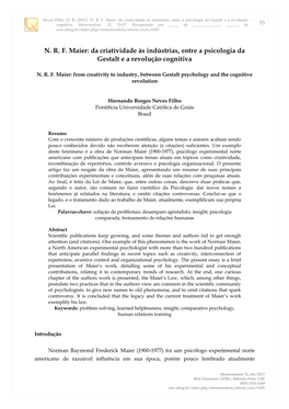N. R. F. Maier: Da Criatividade Às Indústrias, Entre a Psicologia Da Gestalt E a Revolução Cognitiva