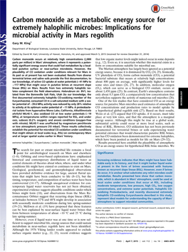 Carbon Monoxide As a Metabolic Energy Source for Extremely Halophilic Microbes: Implications for Microbial Activity in Mars Regolith