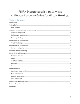 Arbitrator Resource Guide for Virtual Hearings Table of Contents Introduction