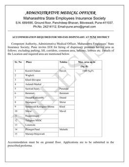 ADMINISTRATIVE MEDICAL OFFICER Maharashtra State Employees Insurance Society S.N