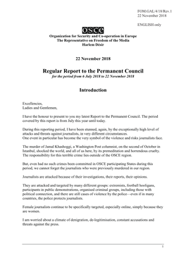 Regular Report to the Permanent Council for the Period from 6 July 2018 to 22 November 2018