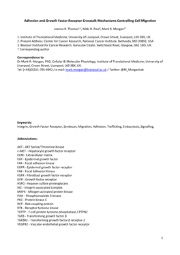 1 Adhesion and Growth Factor Receptor Crosstalk Mechanisms