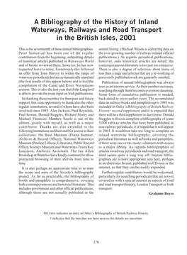 A Bibliography of the History of Inland Waterways, Railways and Road Transport in the British Isles, 2001