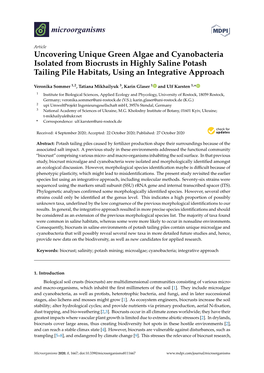 Uncovering Unique Green Algae and Cyanobacteria Isolated from Biocrusts in Highly Saline Potash Tailing Pile Habitats, Using an Integrative Approach