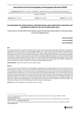 An Assessment on Climatological, Meteorological and Hydrological Disasters That Occurred in Turkey in the Last 30 Years (1987-2017)