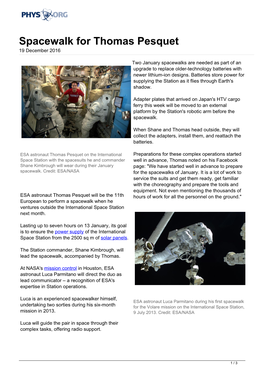 Spacewalk for Thomas Pesquet 19 December 2016