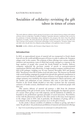 Socialities of Solidarity: Revisiting the Gift Taboo in Times of Crises