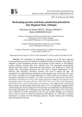 Beekeeping Practice and Honey Production Potential in Afar Regional State, Ethiopia