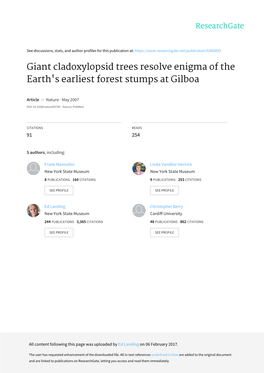 Giant Cladoxylopsid Trees Resolve Enigma of the Earth's Earliest Forest Stumps at Gilboa