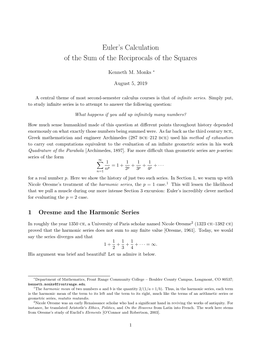 Euler's Calculation of the Sum of the Reciprocals of the Squares