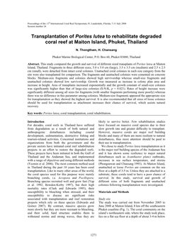 Transplantation of Porites Lutea to Rehabilitate Degraded Coral Reef at Maiton Island, Phuket, Thailand