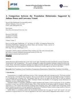 A Comparison Between the Translation Dichotomies Suggested by Juliane House and Lawrence Venuti