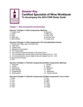 Answer Key Certified Specialist of Wine Workbook to Accompany the 2014 CSW Study Guide