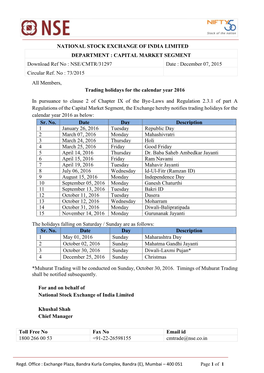 CAPITAL MARKET SEGMENT Download Ref No : NSE/CMTR/31297 Date : December 07, 2015 Circular Ref