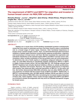 The Requirement of SEPT2 and SEPT7 for Migration and Invasion in Human Breast Cancer Via MEK/ERK Activation