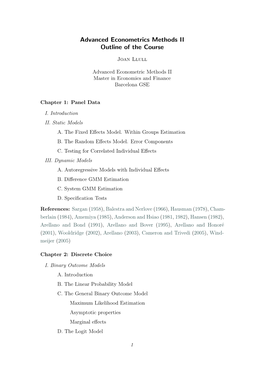 Advanced Econometrics Methods II Outline of the Course