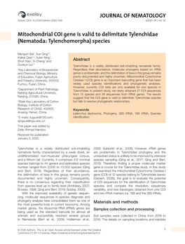 Mitochondrial COI Gene Is Valid to Delimitate Tylenchidae (Nematoda: Tylenchomorpha) Species