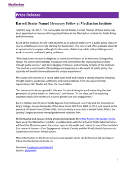 Press Release Darrell Dexter Named Honorary Fellow at Maceachen