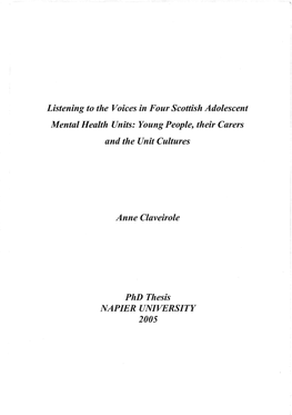 Young People, Their Carers and the Unit Cultures Anne Claveirole Phd Thesis NAPIER UNIVERSITY 2005