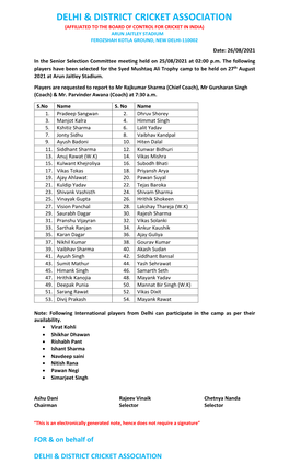 Syed Mushtaq Ali Trophy Camp from 27Th August 2021 Onwards